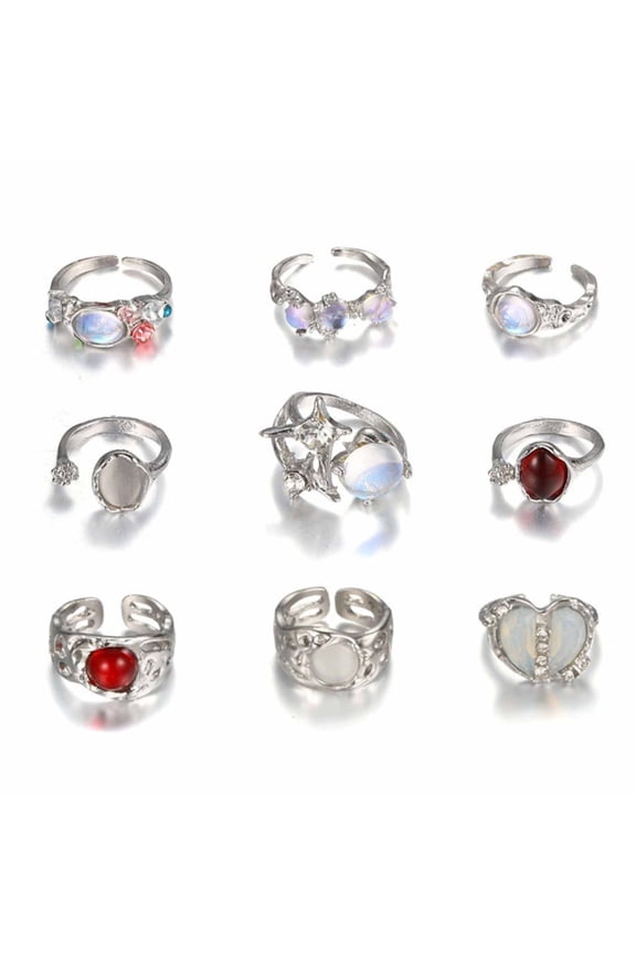9PCS Silver Plated Moonstone Rings Set for Women Teens Dainty Heart Open Finger Rings Crystal Rhinestones Jewelry Gift