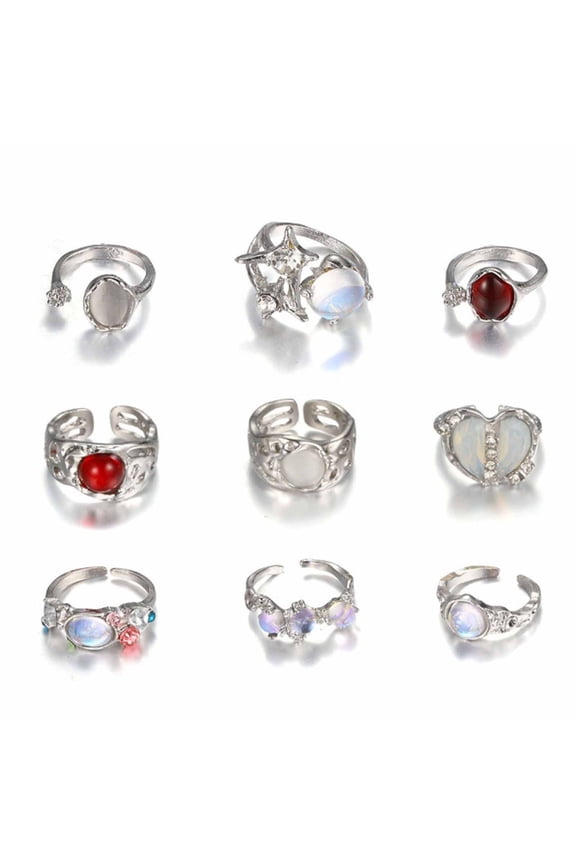 9PCS Silver Plated Moonstone Rings Set for Women Teens Dainty Heart Open Finger Rings Crystal Rhinestones Jewelry Gift