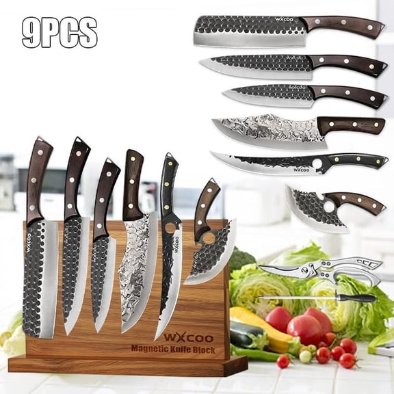 9PCS Stainless Steel Chef Knives Sashimi Knife Meat Cleaver Utility Knife with Strong Enhanced Magnets Magnetic Stand Double-sided Wooden Magnetic Knife Block Holder Rack for Beef Kitchen Home Use Gi