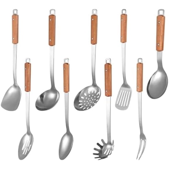 9PCS Stainless Steel Cooking Utensils, Kitchen Cooking Utensils Set with Wooden Hanlde, Including 304 Stainless Steel Spatula, Ladle, and Slotted Spoon, Metal Kitchen Utensils Set
