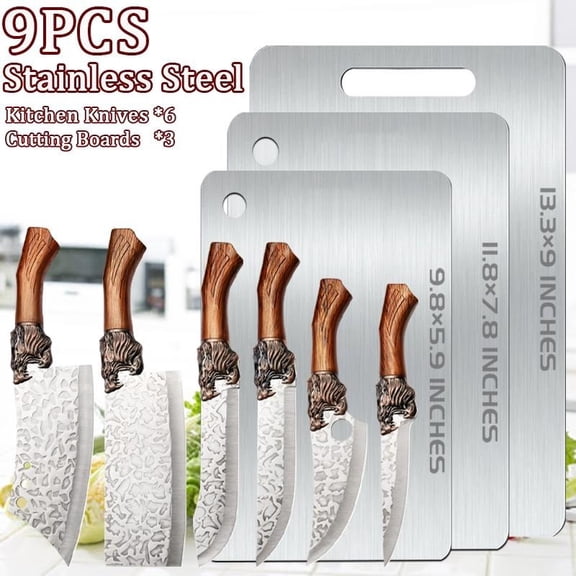 9PCS Stainless Steel Handmade Forged Vegetable Chopper Boning Knife Chef Knife Sharp Meat Cleaver Cutting Knife Utility Knife with Double-Sided Thickened Cutting Boards High Quality Household