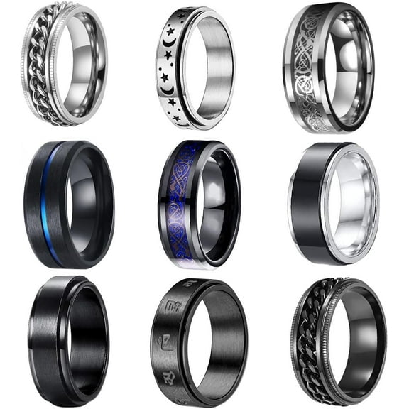 9PCS Stainless Steel Rings for Men Black Rings Pack Band Rings for Men Cool Spinner Rings Set Fidget Rings for Men Wedding Promise Men’s Rings Jewelry