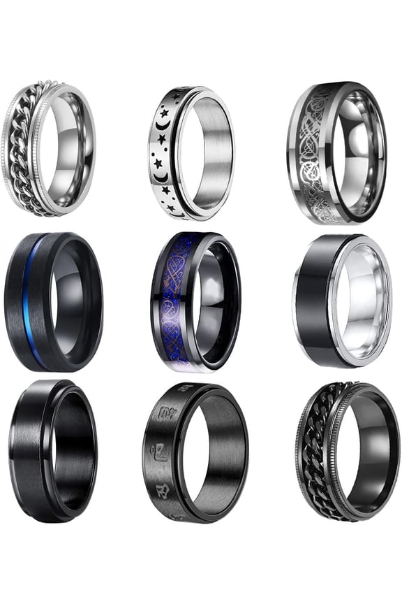 9PCS Stainless Steel Rings for Men Black Rings Pack Band Rings for Men Cool Spinner Rings Set Fidget Rings for Men Wedding Promise Men’s Rings Jewelry