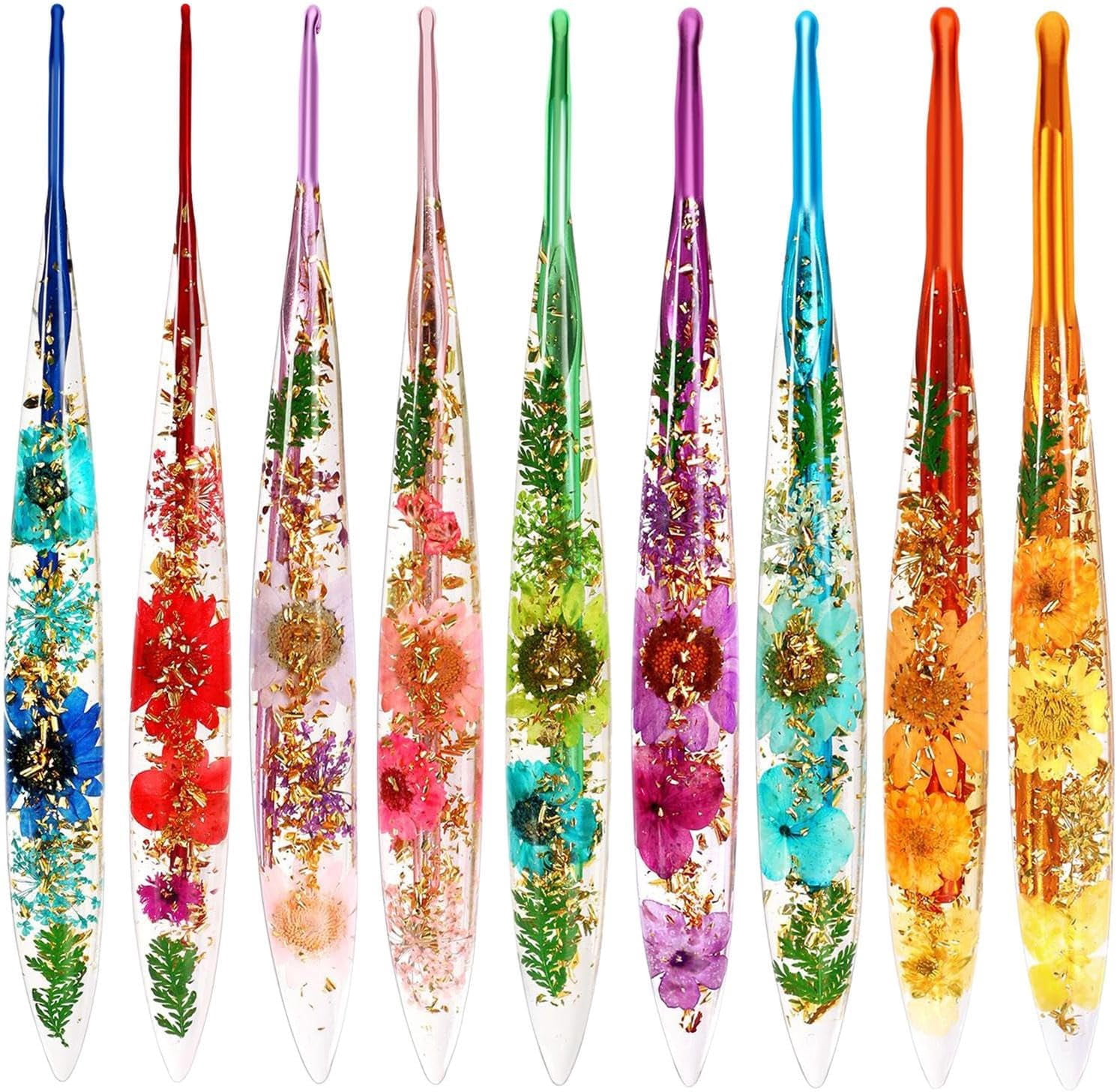 9PCS Stylish Crochet Hooks Kit, Ergonomic Yarn Tool Set, Floral Resin Hooks with Smooth Handle and Comfortable Grip