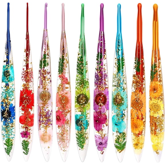 9PCS Stylish Crochet Hooks Kit, Ergonomic Yarn Tool Set, Floral Resin Hooks with Smooth Handle and Comfortable Grip