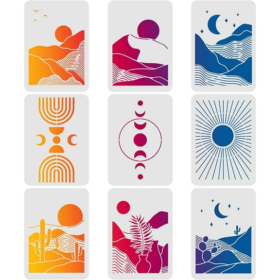 9PCS Sun and Moon Reusable Stencils Boho Sunrise Themes PlasticTemplates, 11.7x8.3 inch Desert Stencil for Painting on Wood Canvas Paper Home Decoration