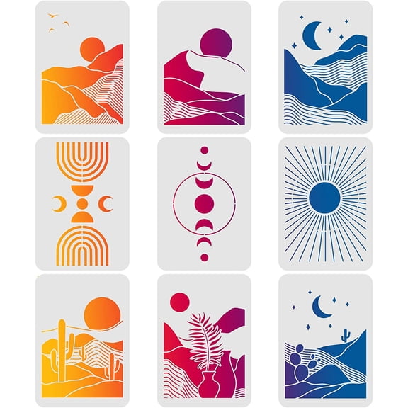 9PCS Sun and Moon Reusable Stencils Boho Sunrise Themes PlasticTemplates 11.7x8.3 inch Desert Stencil Creative Craft