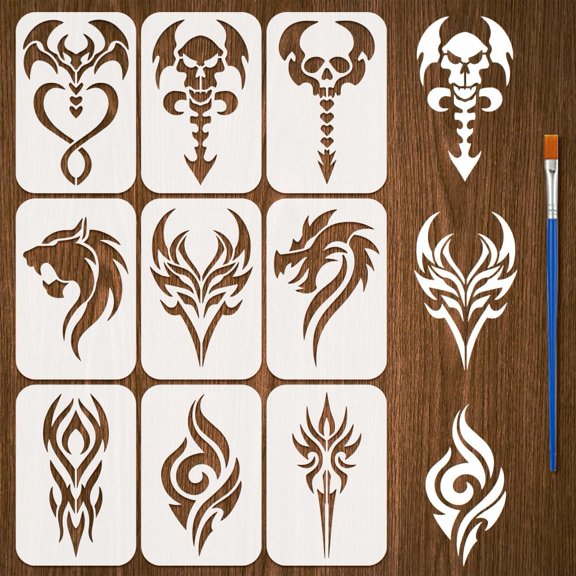 9PCS Tattoo Pattern Stencil for Painting with Paint Brush 4.7x7.1inch Plastic PET Pattern Template Reusable Animal Silhouette Stencil Hollowed Daily Theme Template for DIY Crafts