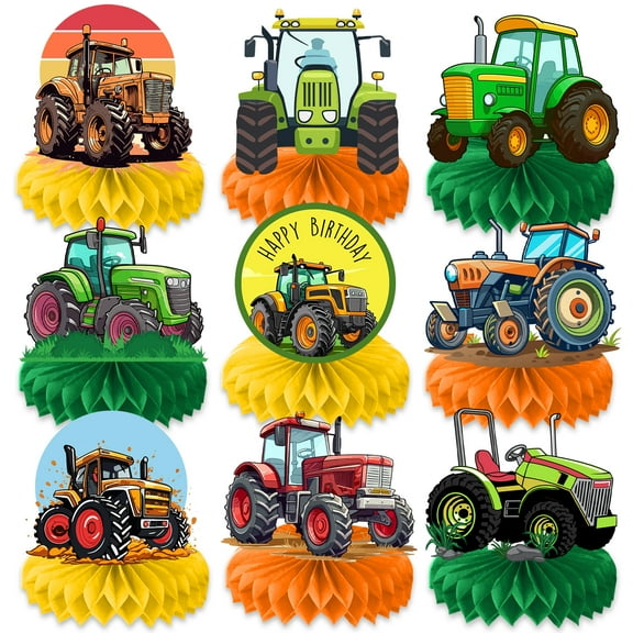 9PCS Tractor Honeycomb Centerpieces Themed Birthday Party Decorations Truck Farm Centerpiece Table Decoration Party Favors Decor Supplies Gifts for Boys Girls Men Women