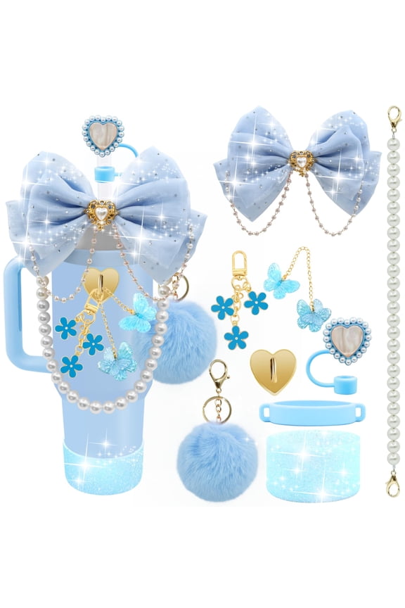 9PCS Tumbler Accessory Set for Stanley Cup 40oz 30oz, Light Blue Bow Straw Topper Heart Cover Pearl Handle Strap Boot Pom Keychain Charms