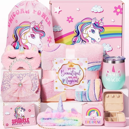 9PCS Unicorn Gifts Set - Gift Baskets with Glow in The Dark Blanket Crossbody Purse, Christmas Gifts for Daughter Granddaughter Niece