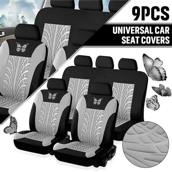 9PCS Universal Car Seat Covers Full Set Protector Cushion Front Rear 3D Butterfly Embroidery Pattern, Grey
