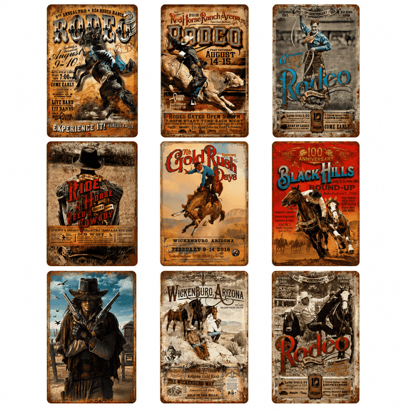 9PCS Vintage Western Cowboy Tin Sign Set, Retro Metal Wall Decor with Cowboy Hunting Artwork, Rustic Western Plaques for Bar, Garage, Man Cave, Shop, Home Wall Decoration, 8 x 12 Inch