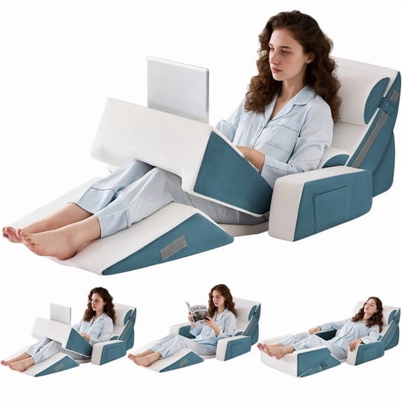 9PCS Wedge Pillow Set for After Surgery Recovery, Adjustable Memory Foam Neck Pillow, Foam Leg Pillow, Relieves Neck, Leg Pain, Sleep Apnea, and Functions as a Reading Pillow Blue