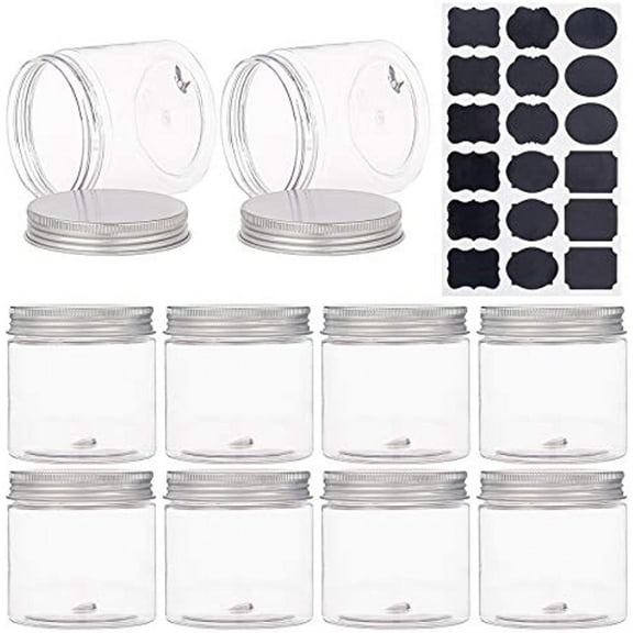 9Pack 6.7oz Large Clear PET Plastic Storage Containers Jars with Aluminum Screw Caps 1 Sheet Sticker Label for Cosmetics DIY Arts Crafs Beads Dry Food Snacks