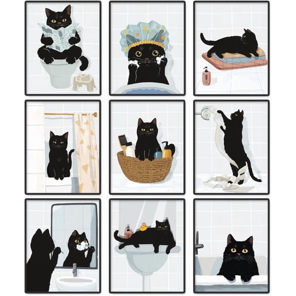 9Pack Unframed Waterproof Bathroom Black Cat Canvas Wall Art Decors 8 x 10 Inch Cat Canvas Wall Posters for Home Dorm Bathroom Decoration Gift