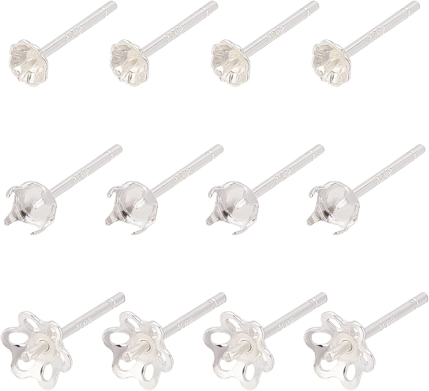 9Pairs 3 Styles 925 Sterling Silver Post Stud Earring Findings Prong Earring Settings with 3.3mm Tray Round Claw Ear Pin Holder for Half Drilled Beads DIY Stud Earrings Making - image 1 of 5