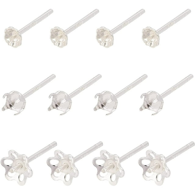 9Pairs 3 Styles 925 Sterling Silver Post Stud Earring Findings Prong Earring Settings with 3.3mm Tray Round Claw Ear Pin Holder for Half Drilled Beads DIY Stud Earrings Making