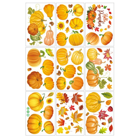 9Pc Fall Window Stickers, Self - Adhesive Autumn Window Decor With Pumpkin & Maple Leaf Designs For Thanksgiving, Home, Office Window Displays