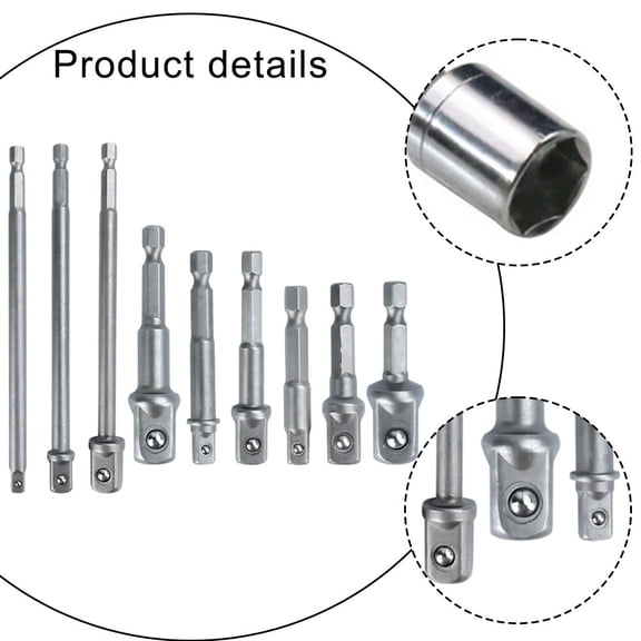 9Pc Hex Shank To Square Drill Adapter Extended Electric Wrench Socket Drill Bit 6Pcs