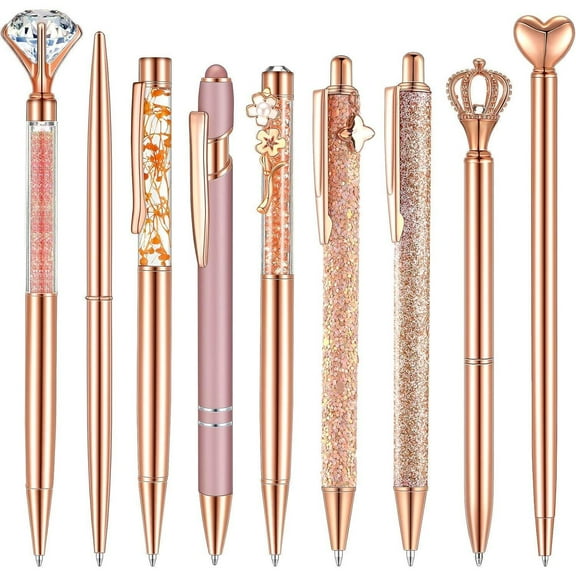 9Pcs 1.0mm Medium Point Pens Set Rose Gold Ballpoint Fancy Pens with Metal Crystal Diamond Design Smoothing Writing for Journaling, Women, Gifts supply office stationary study aesthetic journal tip
