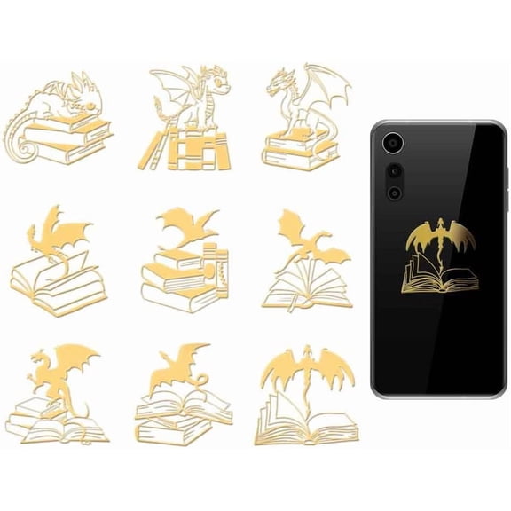 9Pcs 1.6x1.6 Inch Dragon and Book Stickers Golden Metal Sticker Self-Adhesive Decorative Decals Scrapbook Edge Metal Stickers Gold Patterned Decal for DIY Resin Crafts Phone Decoration Golden