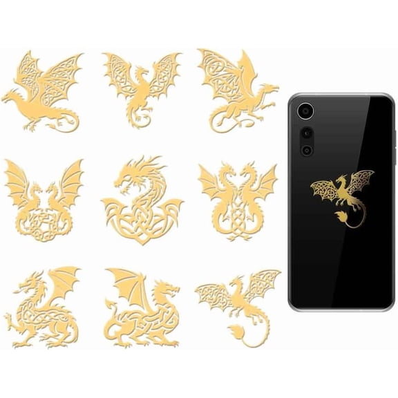 9Pcs 1.6x1.6 Inch Golden Metal Stickers Celtic Knot Dragon Self-Adhesive Decorative Decals Adhesive Picture Stickers Metal Decal Epoxy Sticker