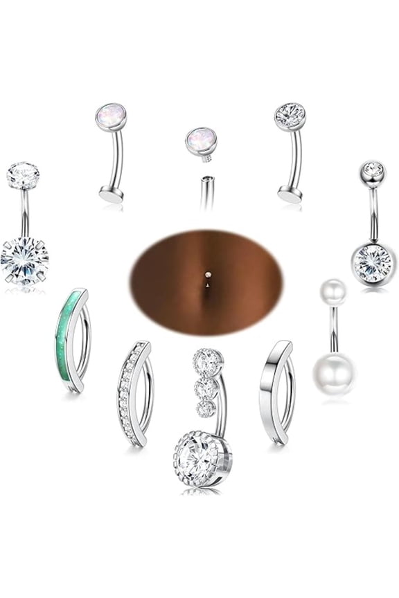 9Pcs 14K Gold Plated Belly Button Rings Hypoallergenic Surgical Steel CZ & Pearl Navel Jewelry Set for Women Summer Beach Party