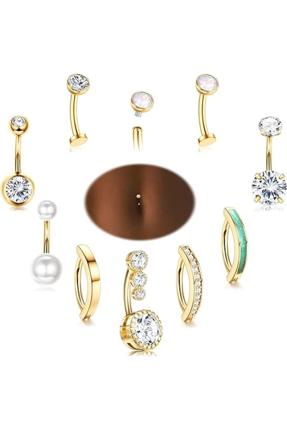 9Pcs 14K Gold Plated Belly Button Rings, Surgical Steel Hypoallergenic Navel Piercings, CZ & Pearl Clicker Belly Rings for Women, Summer Beach Party Jewelry Gift Set