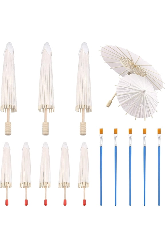 9Pcs 2 Sizes Paper Parasol Paper Umbrella for DIY White Painting Decorative Umbrella with Wood Handle and 5Pcs Paint Brushes Pens for Photo Props Wedding Summer Shade 8.6-12.6Inch Multi-color DIY