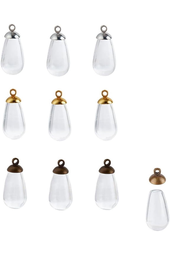 9Pcs 20mm Tear Drop Empty Glass Locket Charm Clear Hollow Vial Pendant Charm Mini Wish Glass Bottle Drop Bead Charm With 9 Styles Alloy Cap DIY