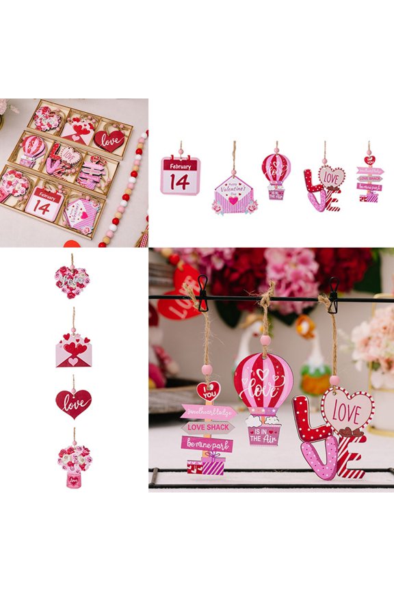 9Pcs 2D Wooden Love Theme Pendants, Portable Valentine's Day Couple Keychain, Heart & Love Letter Design Decorative Charms For Romantic Gift & Keychain Decoration
