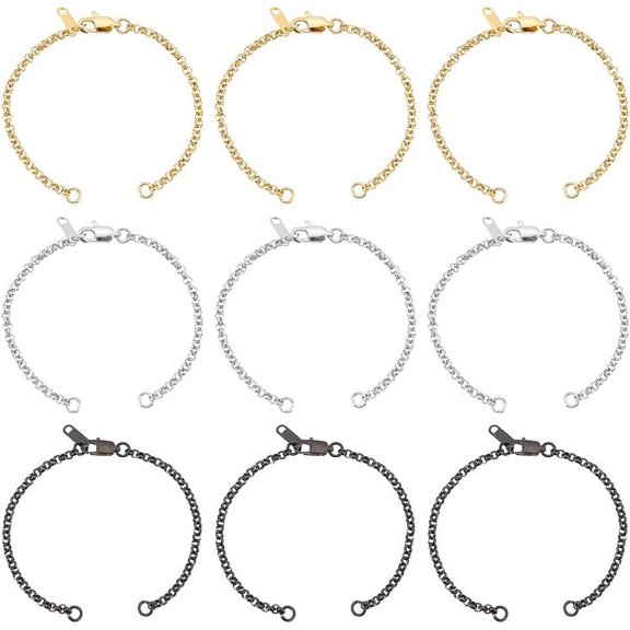 9Pcs 3 Colors 16.5cm Bracelets Chains 304 Stainless Steel Bracelet Extender Chains Half Finished Chain with Jump Rings Lobster Claw Clasps Chain Tabs for Women Bracelet Making Mixed Color