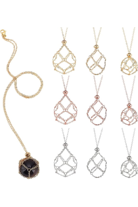 9Pcs 3 Colors Brass Macrame Pouch Necklaces with 304 Stainless Steel Findings Mixed Color 20.08~24.02 inch(51~61cm) 3pcs/color