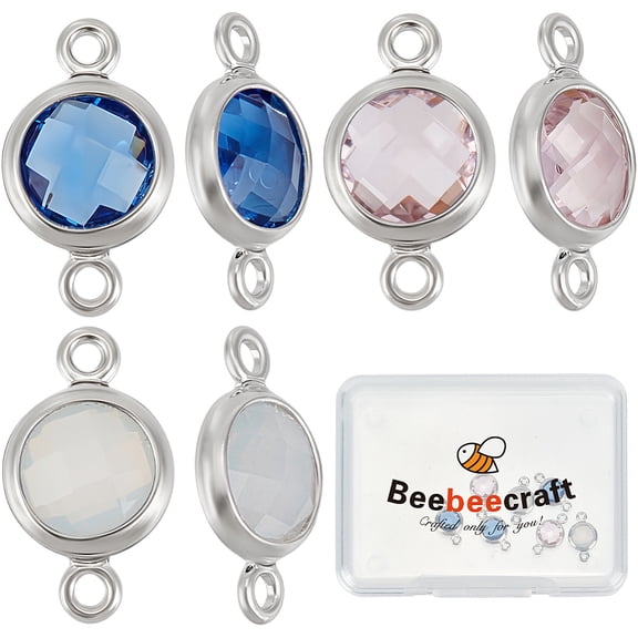 9Pcs 3 Colors Cubic Zirconia Connector Charms Platinum Plated Flat Round Pink Blue Rhinestone Birthstone Connector Links with Double Loop