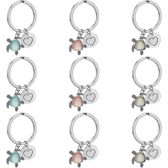 9Pcs 3 Colors Sea Turtle Alloy Keychain with Heart Penadants Tibetan Style Resin Keychains Charms with Iron Split Key Rings Flat Round Key Holders for Key Bag Decorations colorful