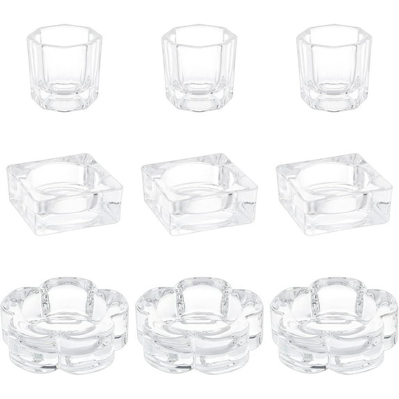9Pcs 3 Style Glass Dappen Dish/Lid Bowl Cup Crystal Dish Mini Bowl Liquid Holder Nail Art Manicure Accessories Container Flower & Square & Octagon Clear 3.2~6.25x3.2~6.3x2.05~3.25cm 3pcs/style