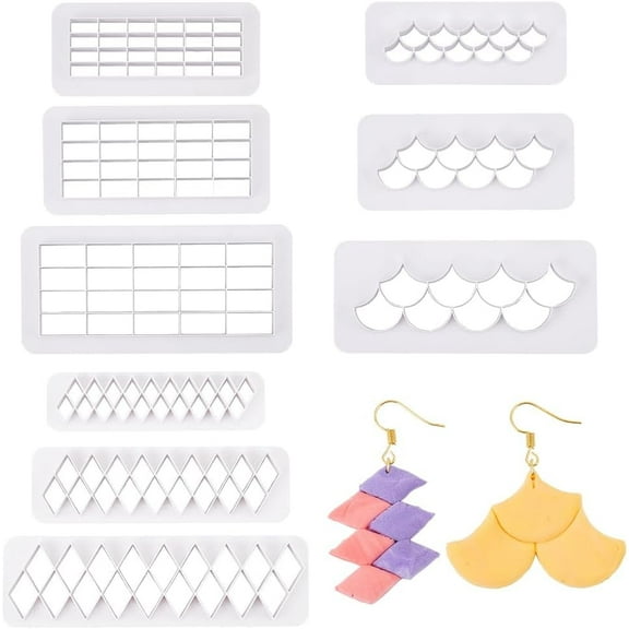 9Pcs 3 Styles Clay Earring Cutters, Plastic Clay Cutters White Rhombus Fish Scale Rectangular Cutting Moulds, Checker Board Maker Clay Tool for Clay Jewerlry Earrings