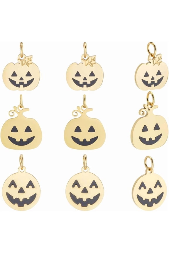 9Pcs 3 Styles Pumpkin Charms 14K Gold Plated 316 Stainless Steel Enamel Flat Jack O Lantern Charm for DIY