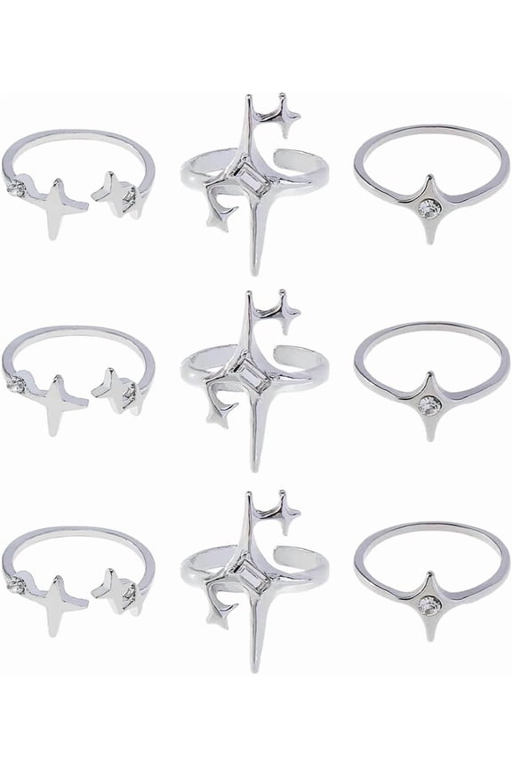9Pcs 3 Styles Star Ring Set Alloy Open Cuff Ring 16-17.4mm Platinum Statement Rings Boho Stackable Star Rings with Rhinestone for DIY