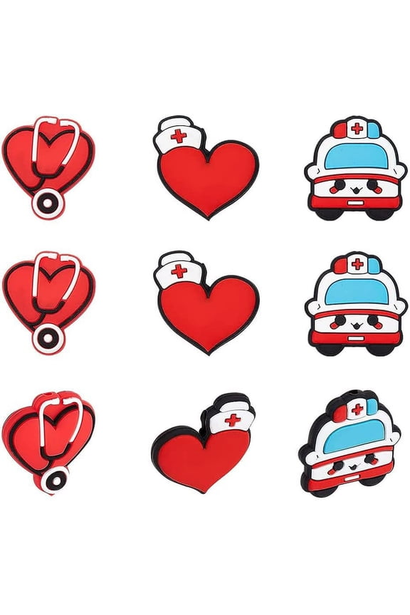 9Pcs 3Styles Hospital Theme Silicone Beads Stethoscope Silicone Bead Nurse Silicone Bead for DIY Jewelry Necklace Keychain DIY