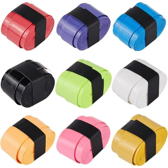 9Pcs 9 Colors Racquet Grip Pickleball Overgrip Tennis Badminton Racket Grip Tape PU Leather Tacky Over Wrap Fishing Rods for Comfort Anti-Slip Absorbent Sweat Grip 2.5x110cm Colorful
