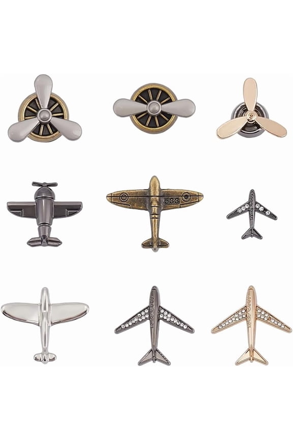 9Pcs 9 Style Airplane Lapel Pins Alloy Propeller Aircraft Plane Flight Aviator Floral Brooches Pin Plane Lapel Pins Costume Accessories Craft Supply