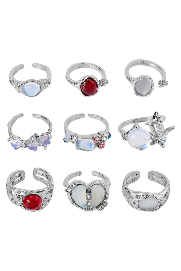 9Pcs 9 Style Cat Eye & Cubic Zirconia Open Cuff Rings Set Heart & Flat Round Alloy Stackable Rings Platinum Inner Diameter: 14~18mm 1Pc/style DIY