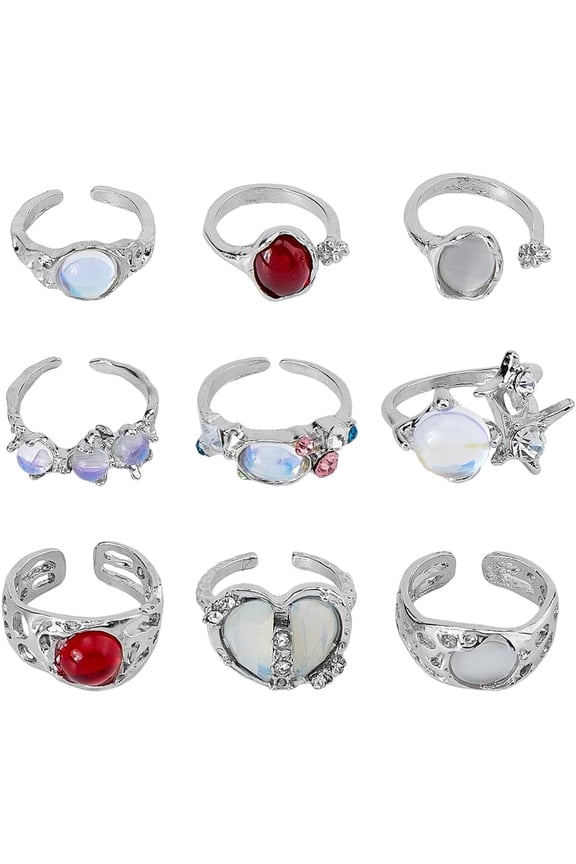 9Pcs 9 Style Cat Eye & Cubic Zirconia Open Cuff Rings Set Heart & Flat Round Alloy Stackable Rings Platinum Inner Diameter: 14~18mm 1Pc/style
