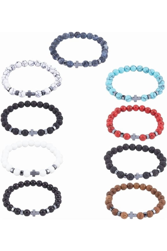 9Pcs 9 Style Natural Mixed Stone Hematite Beaded Stretch Bracelets Set Inner Diameter: 2-1/4 inch(5.8cm) 1Pc/style