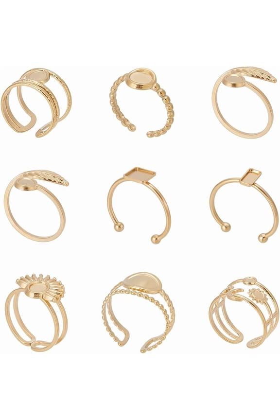 9Pcs 9 Styles 18K Gold Plated Blank Rings Base Tray for Jewelry Making Adjustable Flat Finger Ring Components 304 Stainless Steel Blanks Open Cuff Bezel Trays for DIY Crafts Jewelry Making