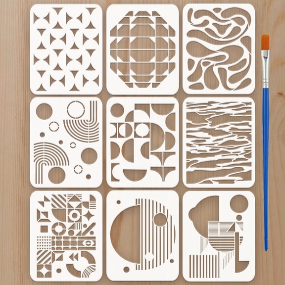 9Pcs 9 Styles Abstract Geometric Theme PET Hollow Out Drawing Painting Stencils for DIY Scrapbook Photo Album Mixed Shapes 250x200mm