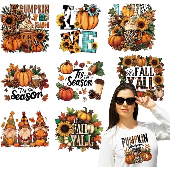 9Pcs 9 Styles Autumn Plastic Heat Transfer Film Logo Stickers Set for DIY T-Shirt Mixed Shapes 208.5~223.5x168~223.5mm 1pc/style Craft