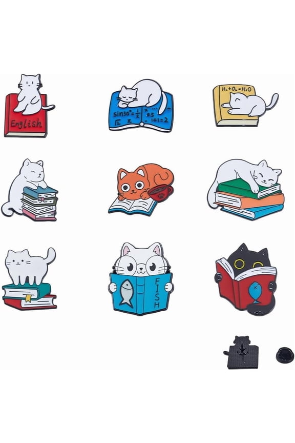 9Pcs 9 Styles Cartoon Cat Brooch Pin Book Word Enamel Brooches Alloy Decorative Lapel Pins Mixed Color Cat Badges for Backpack Clothes Decoration 0.9-1.2 Inch with Storage Box for DIY